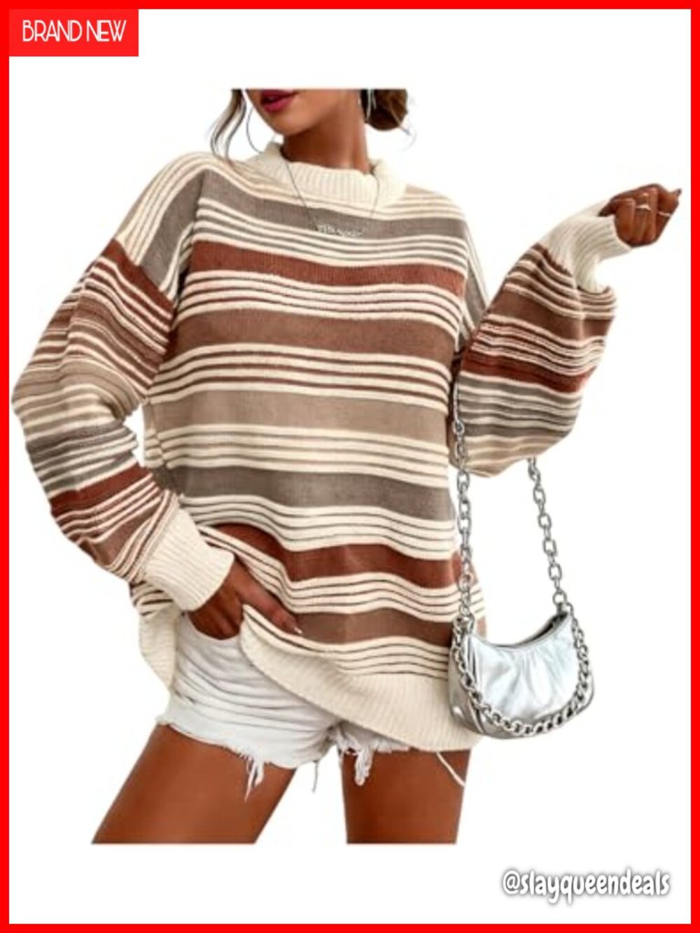 Women's Oversized Striped Knit Pullover Sweater Crewneck Long Sleeve Fall